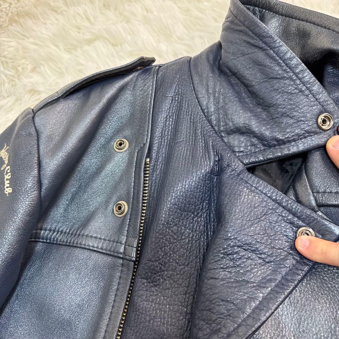 希少色　カドヤ　レザーライダースジャケット　ダブル　ワッペン　ブルーシルバー