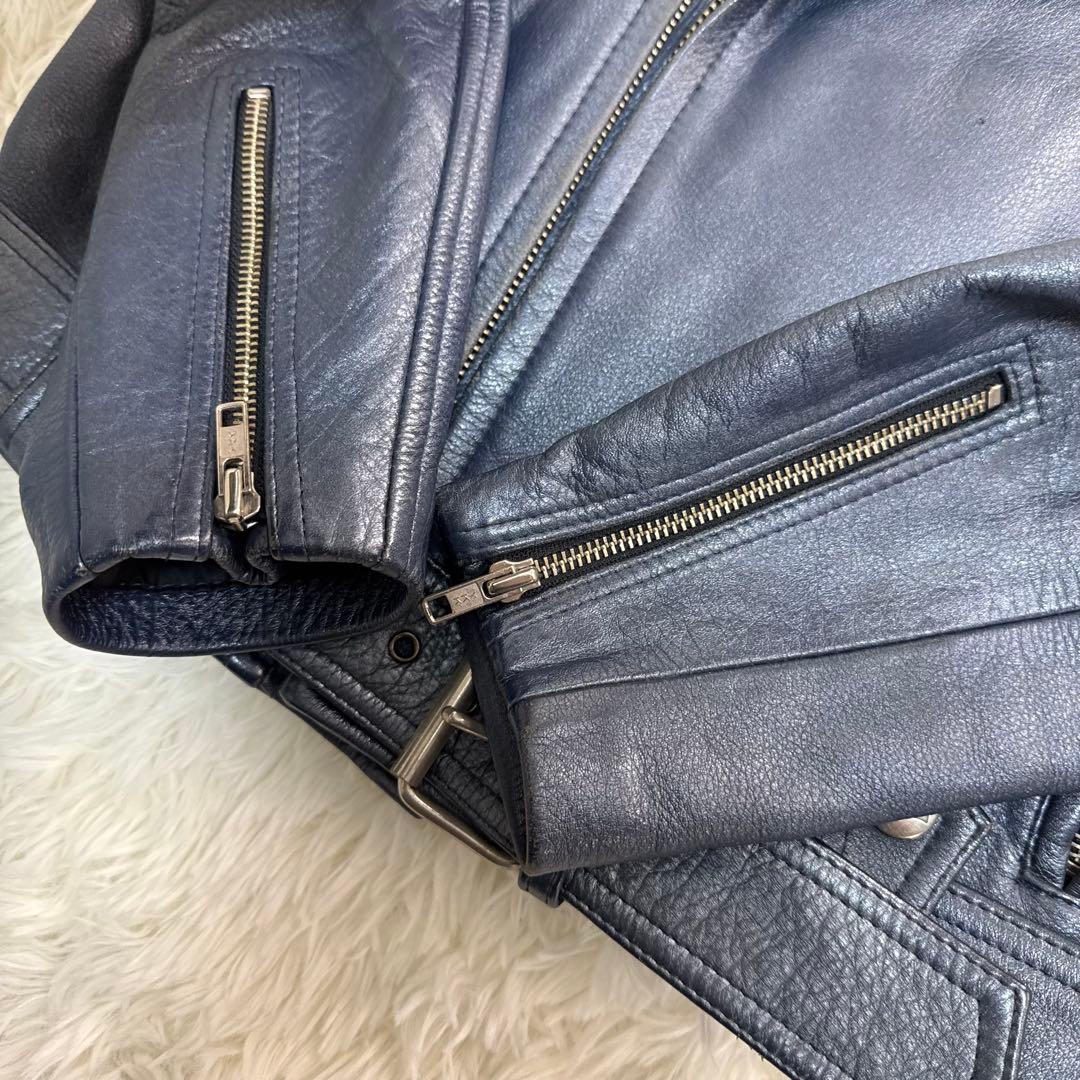 希少色　カドヤ　レザーライダースジャケット　ダブル　ワッペン　ブルーシルバー