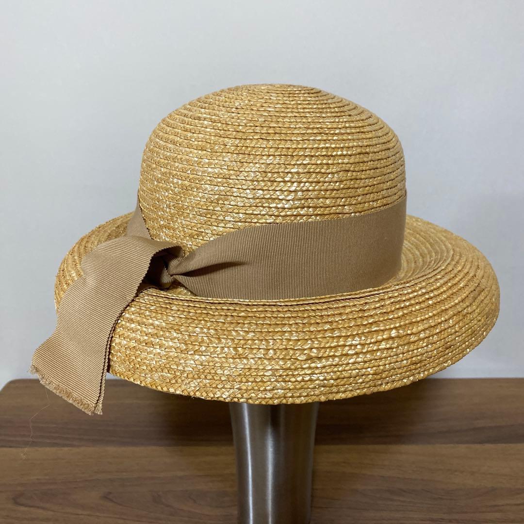 PUI Audrey hat 石田制帽 M ベージュ リボン 麦わら帽子 日本製