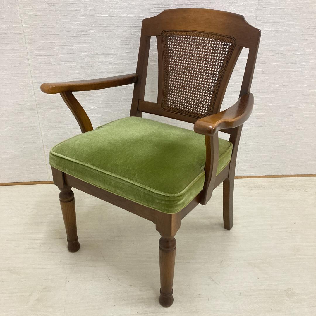 【飛騨産業】キツツキ　モケットグリーン　アームチェア　椅子　ダイニングチェア２脚