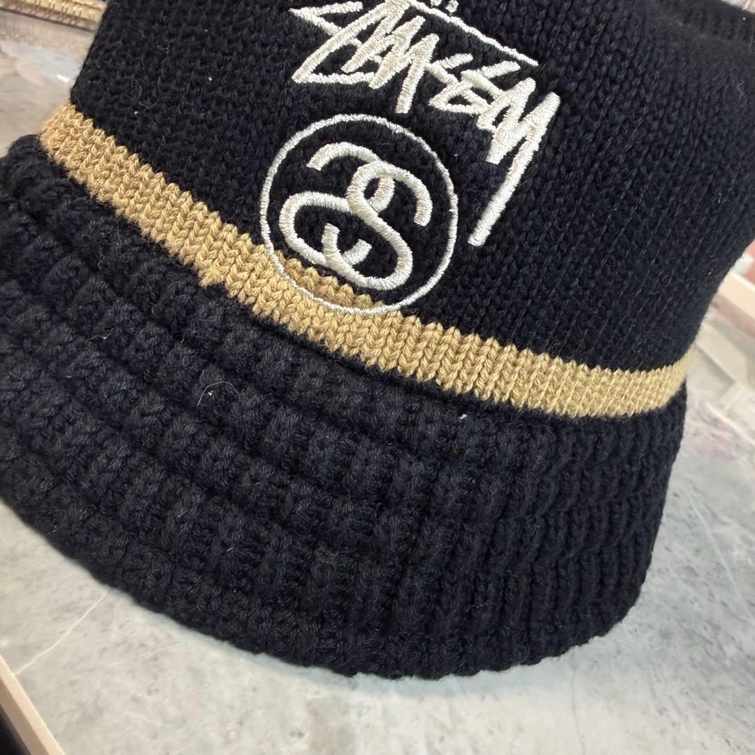 美品 即完売 STUSSY 黒 ニット バケットハット バケハ SSリンク 防寒