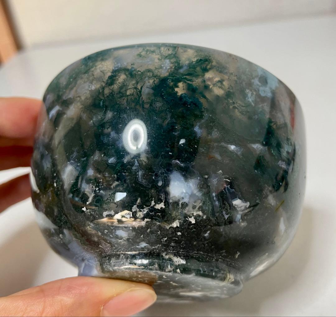 モスアゲートの茶碗 水草瑪瑙 天然石 幸運 風水晶 希少 激レア 魔除 お守