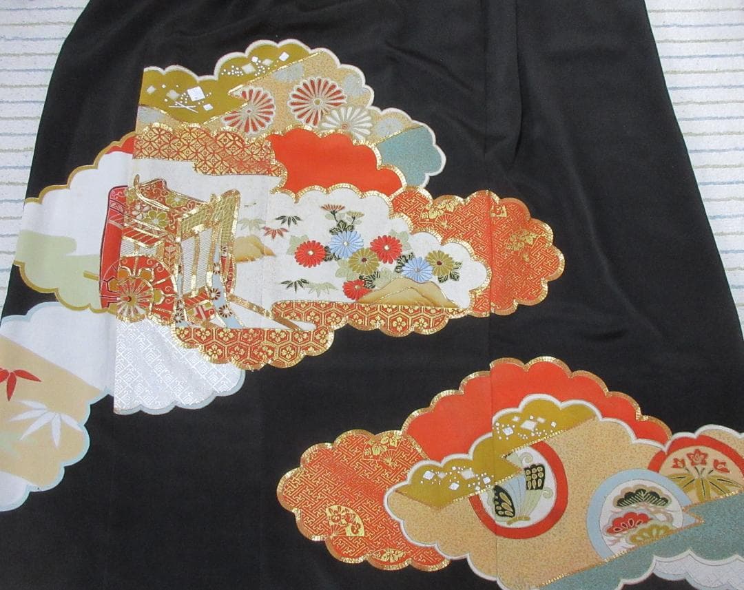 留袖リメイク 花柄　金糸刺繍 ロングドレス シルク　ウエストリボン紐付 かぶり