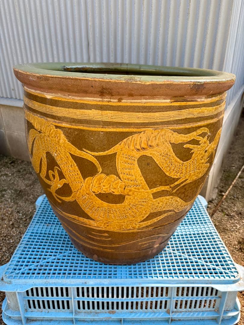 龍の図柄 ピータン壺〔特大〕【傘立て、睡蓮鉢、メダカ鉢、金魚鉢に‼️】