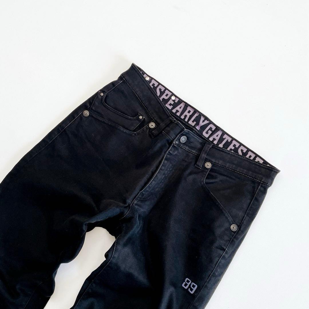 パーリーゲイツ ロングパンツ 5/L ブラック 革パッチ　バックロゴ　通年