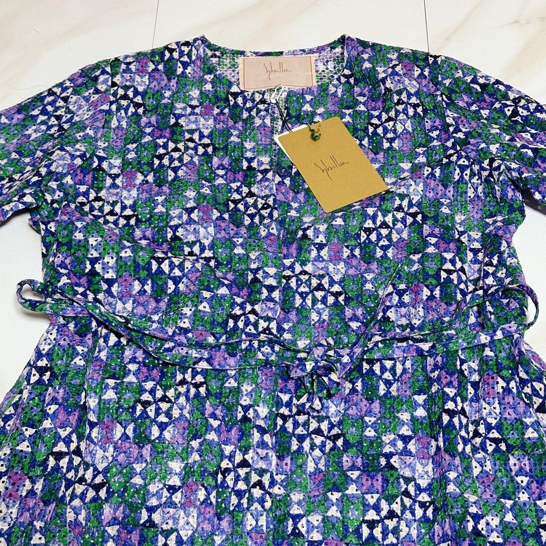 23SS タグ付き シビラ コットンレース幾何プリントドレス シャツワンピース