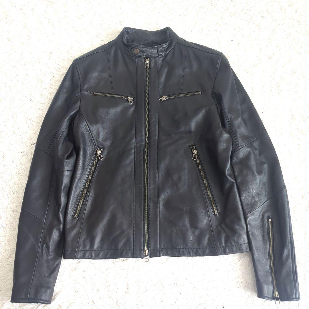 メンズビギ　ラムレザー　シングルライダース　レザージャケット　M　ネイビー