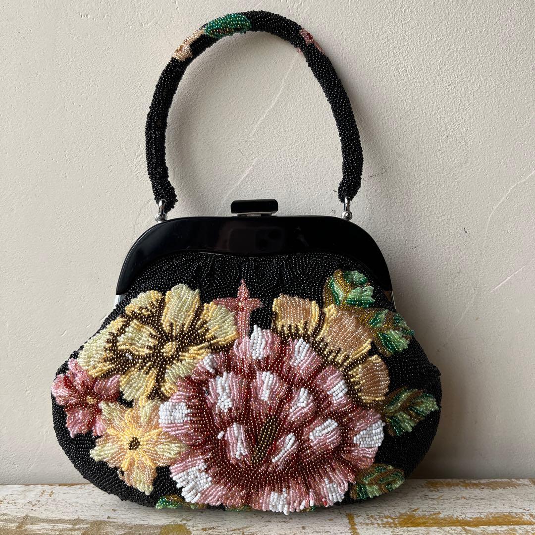 一点物✨美品✨ビーズバッグ　刺繍　お花柄　総柄　レトロ　着物 和装