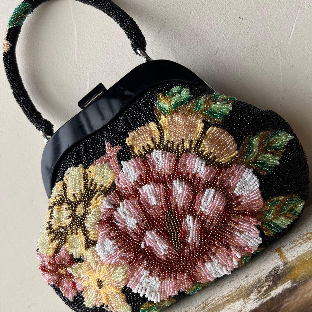 一点物✨美品✨ビーズバッグ　刺繍　お花柄　総柄　レトロ　着物 和装