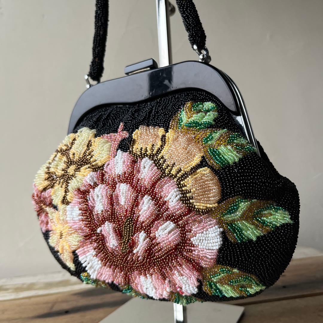 一点物✨美品✨ビーズバッグ　刺繍　お花柄　総柄　レトロ　着物 和装