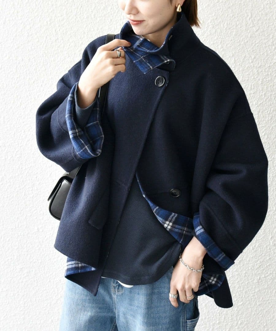 SHIPS any:リバー スタンドカラー ポンチョ ショート コート