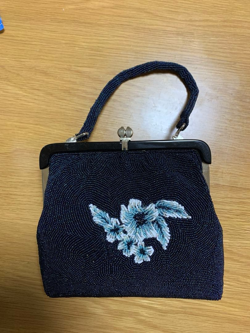 ビーズ花柄刺繍 ネイビー ハンドバッグ