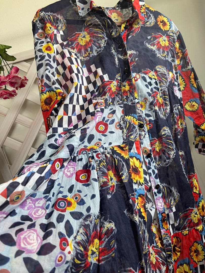 ⭐︎ コットンシャツ　⭐︎ センソユニコ　サイズ40. 総柄　向日葵　体型カバー