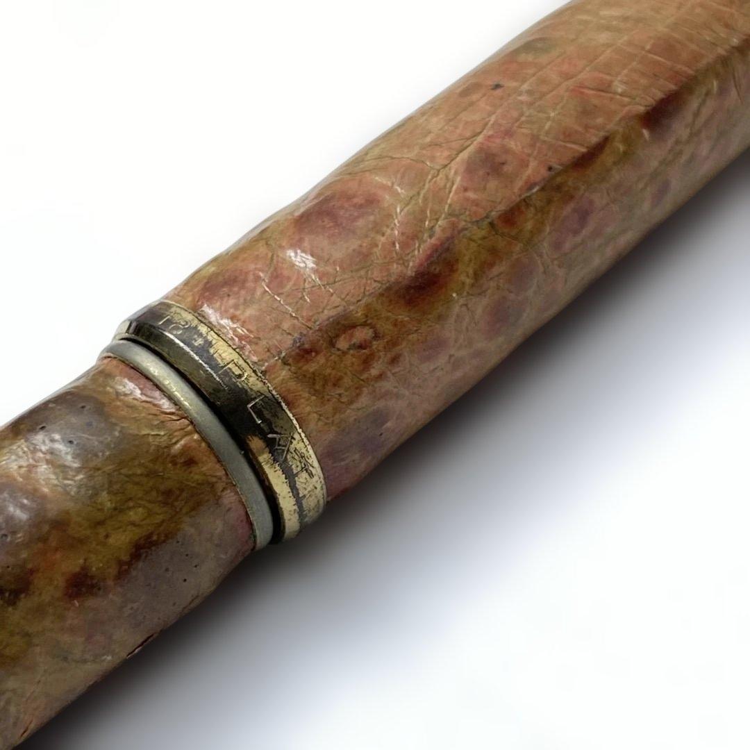 プラチナ万年筆 18K 本革張 象嵌 茶 ブラウン レザー