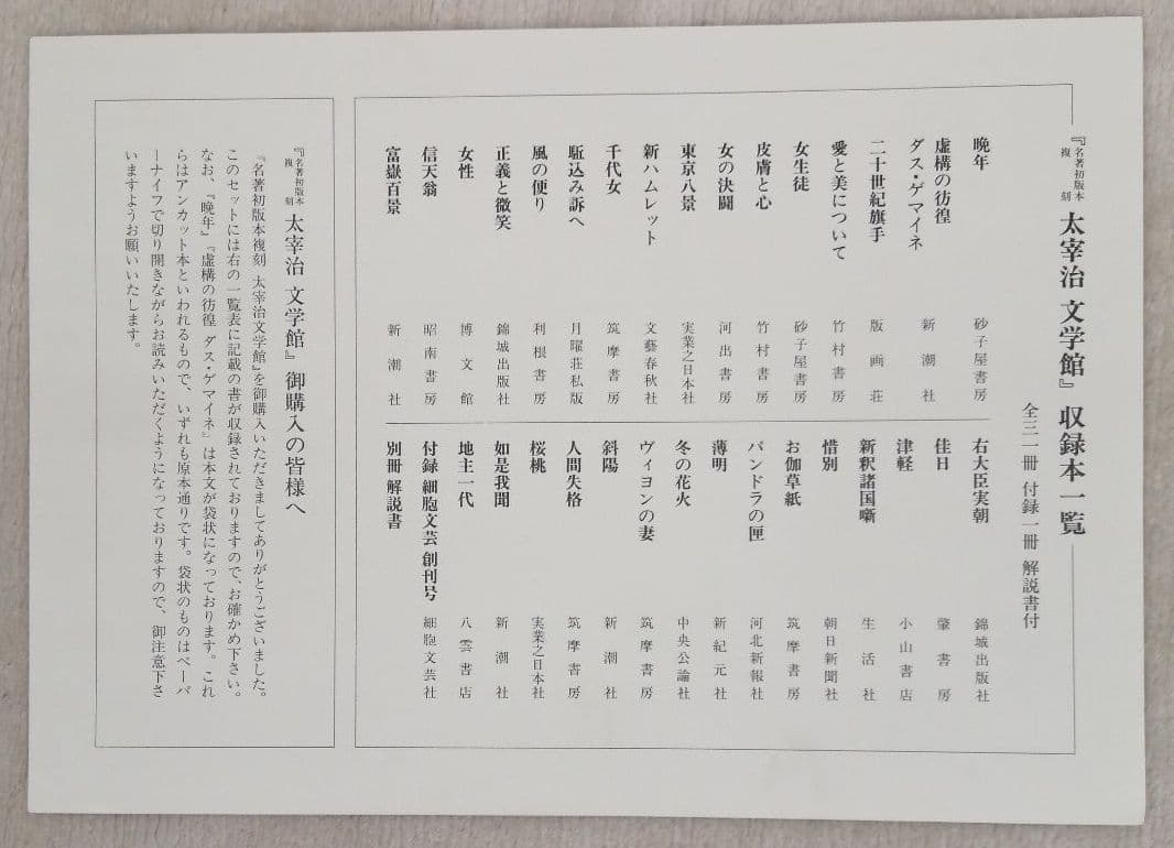 太宰治文学館　名著初版本復刻　全31冊　付録1冊·解説書付