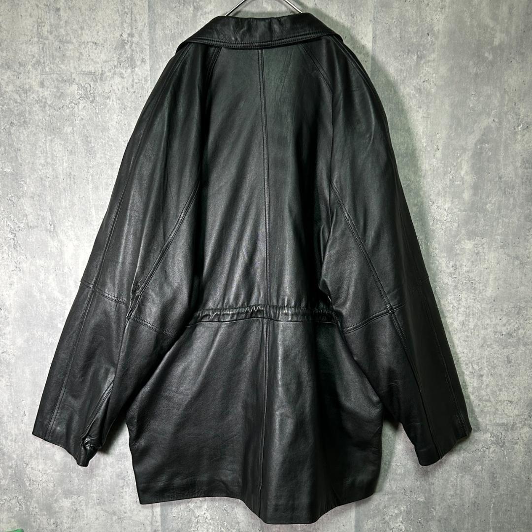 希少デザイン 高級 ラムレザー チェスターコート 黒 本革 ゆったり 羊革