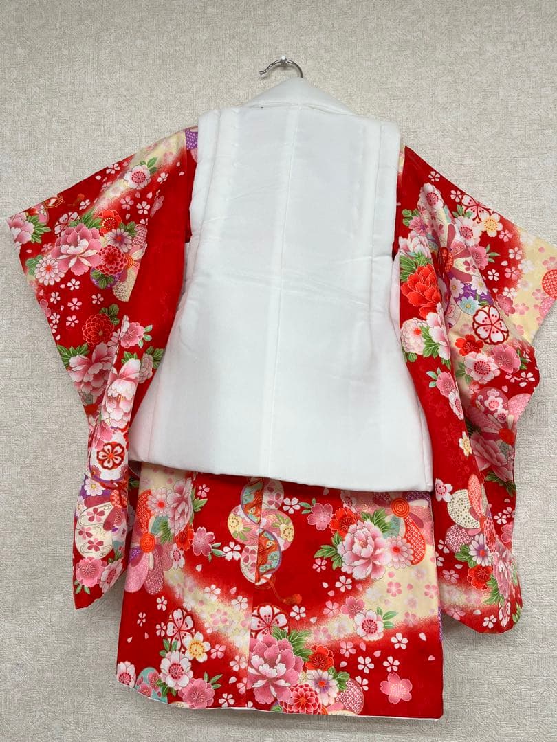 子供用　3歳　七五三　赤色花柄着物セット