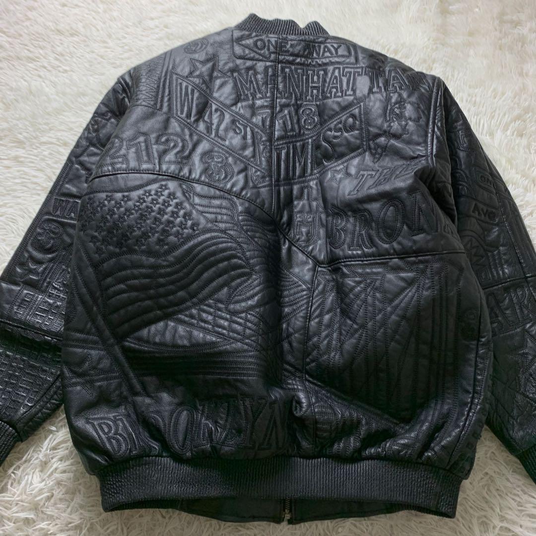 ヴィンテージ レザージャケット 総柄 刺繍 エンボス ブラック XL