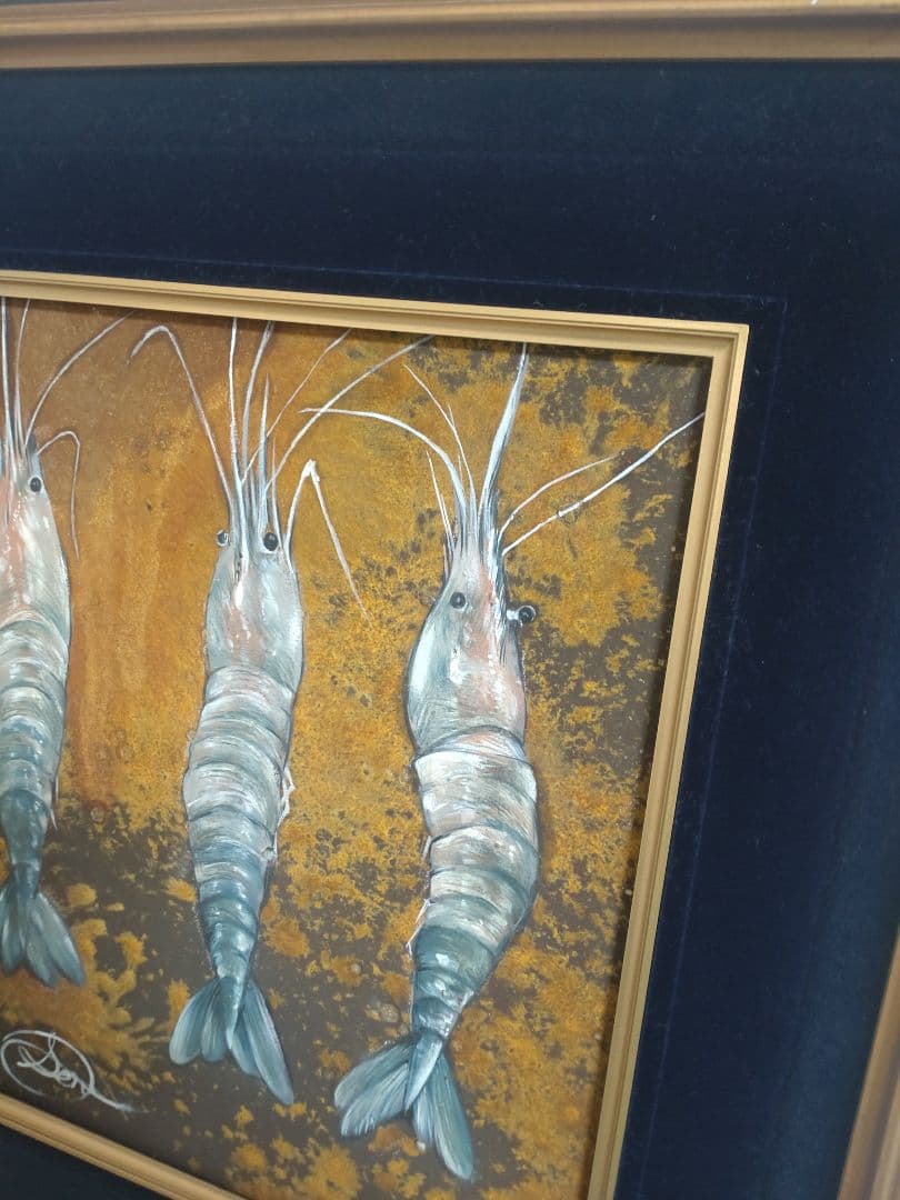 錆を使用した珍しいエビの油絵【海老の絵画】1点物の原画/作者サイン入り/額縁付属