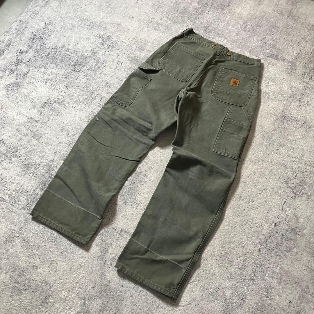 00sCarharttB111カーハート裏地フランネルモスグリーンダックパンツ