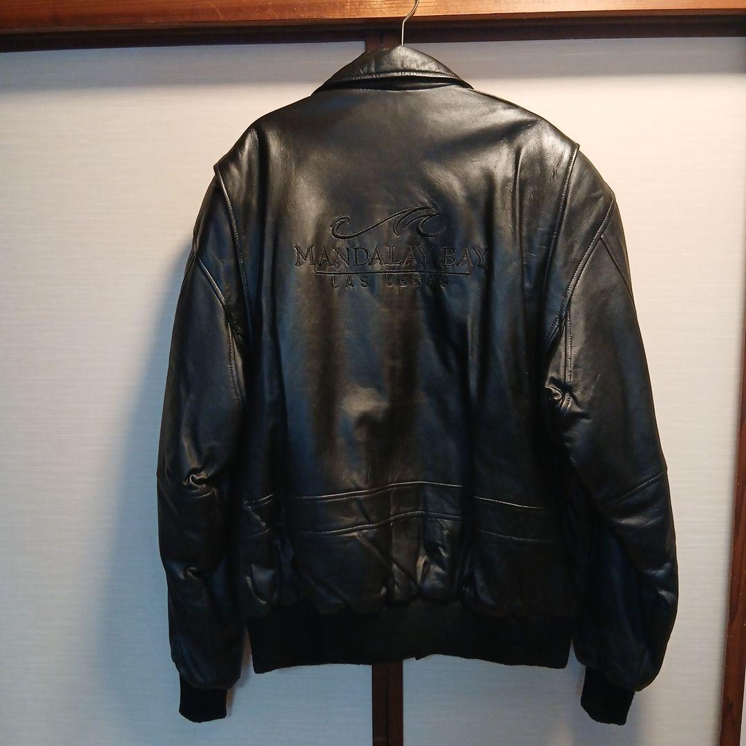 MANDALAY BAY本革フライトジャケットA2 G1調黒ロゴ刺繍M新品同様