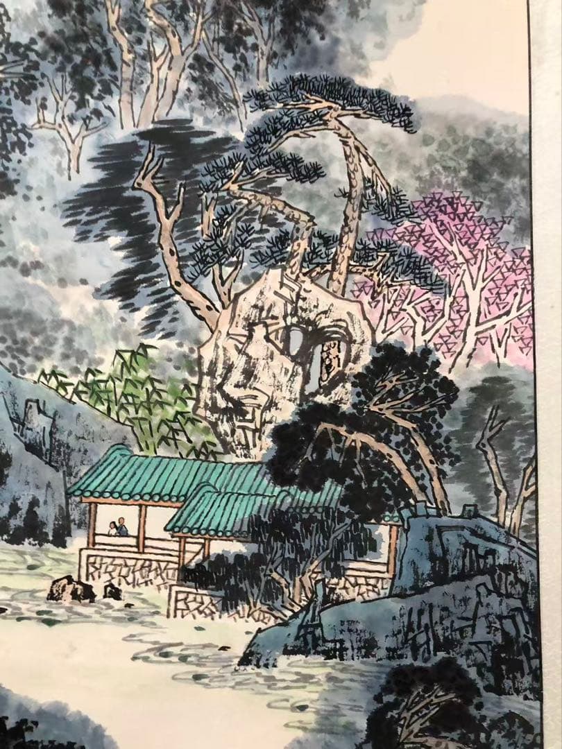 掛け軸　中国画 石英絵［山水図］紙本　肉筆　送料込み036！