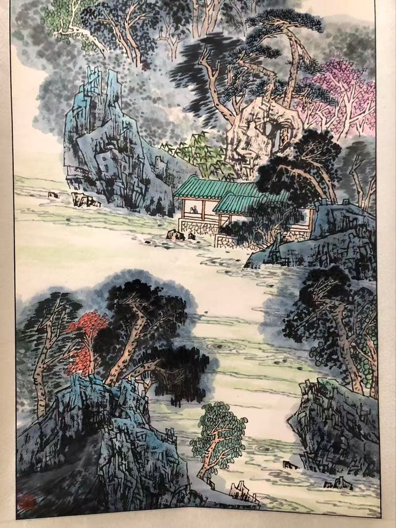 掛け軸　中国画 石英絵［山水図］紙本　肉筆　送料込み036！