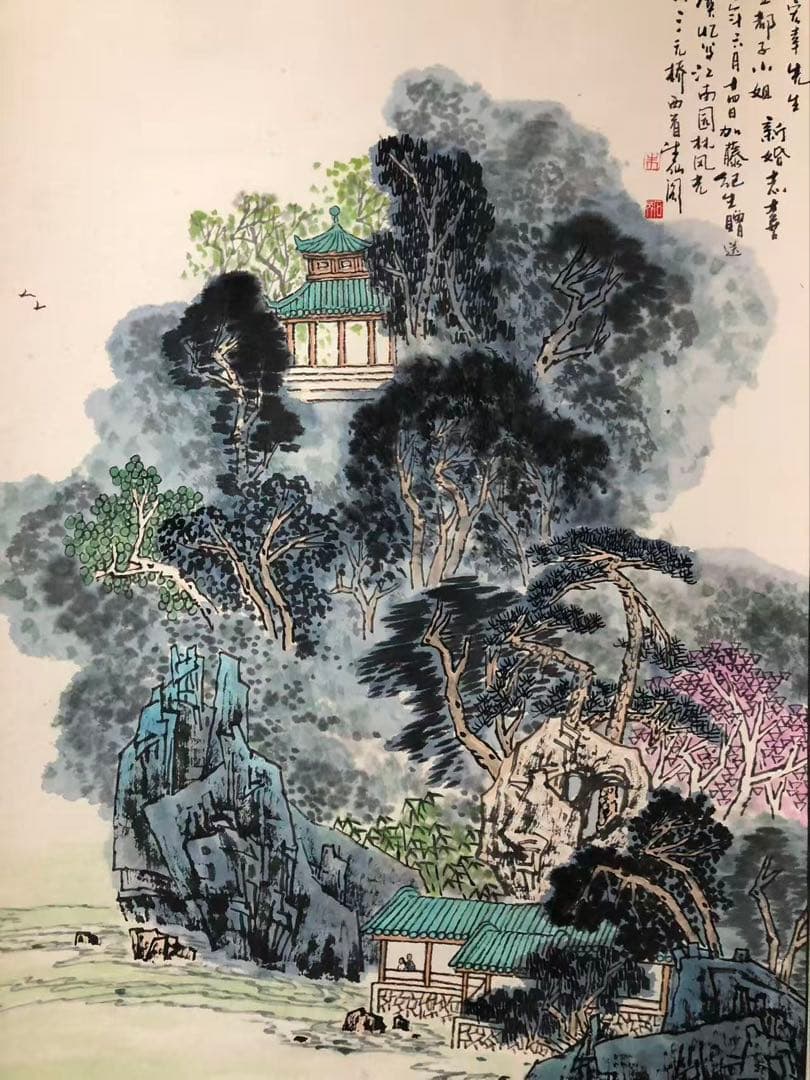 掛け軸　中国画 石英絵［山水図］紙本　肉筆　送料込み036！