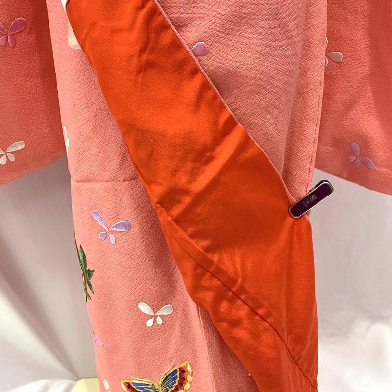 603ag10■七五三 七歳 女児 着物&袋帯&長襦袢 刺繍 蝶 ピンク■美品