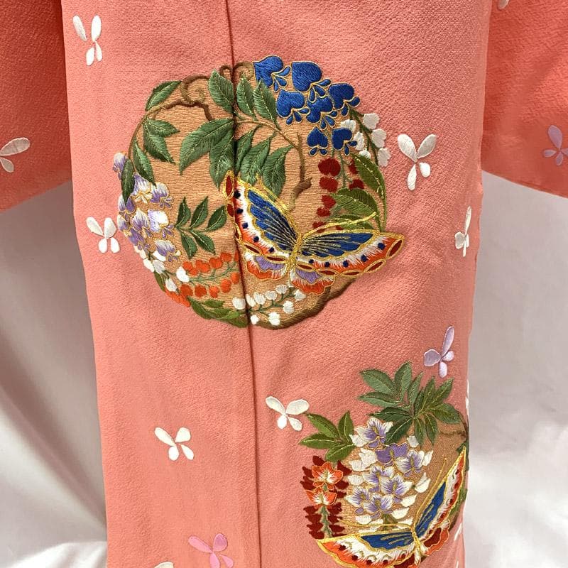 603ag10■七五三 七歳 女児 着物&袋帯&長襦袢 刺繍 蝶 ピンク■美品