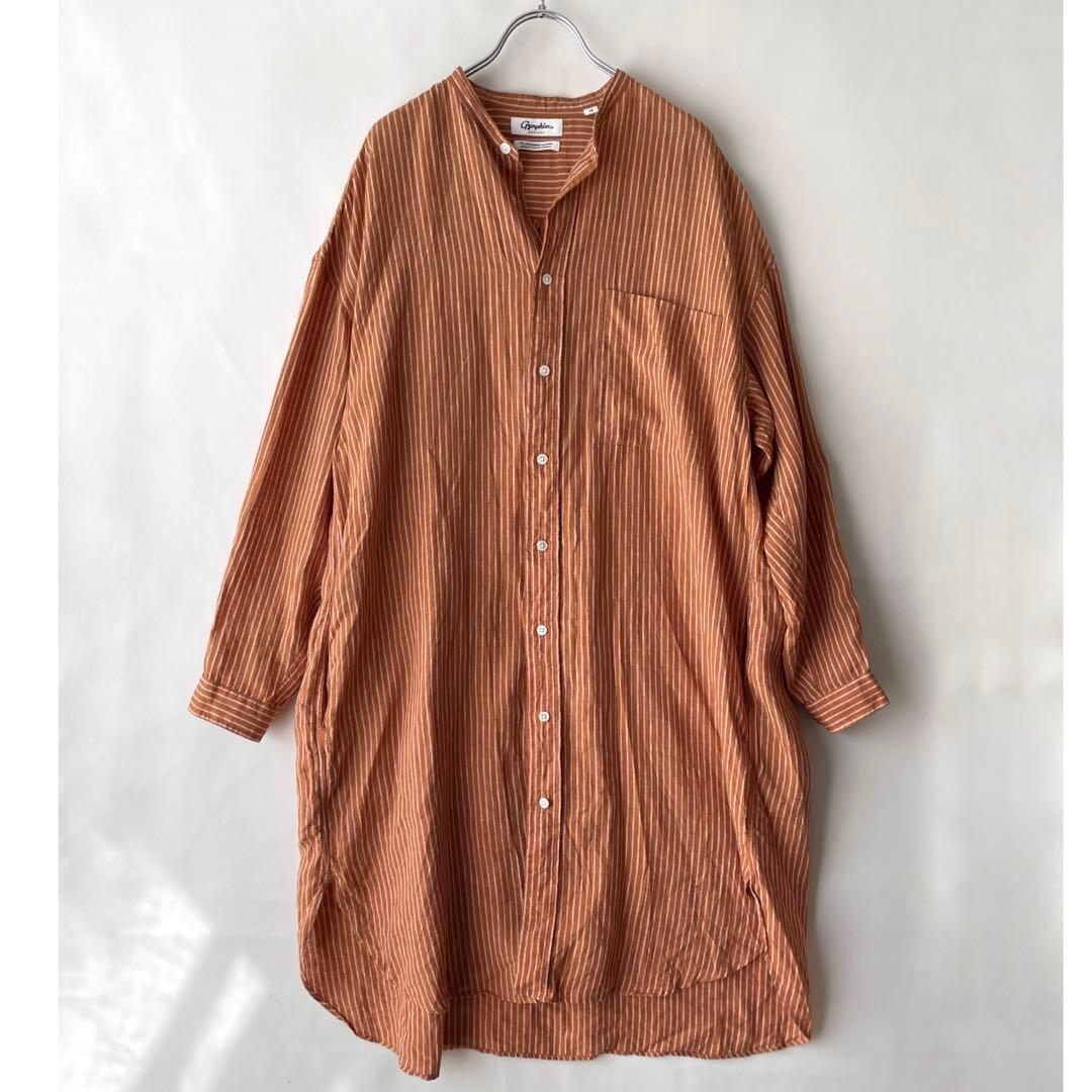 極美品✨ジムフレックス　14 リネン　オレンジストライプ　ロングシャツワンピース
