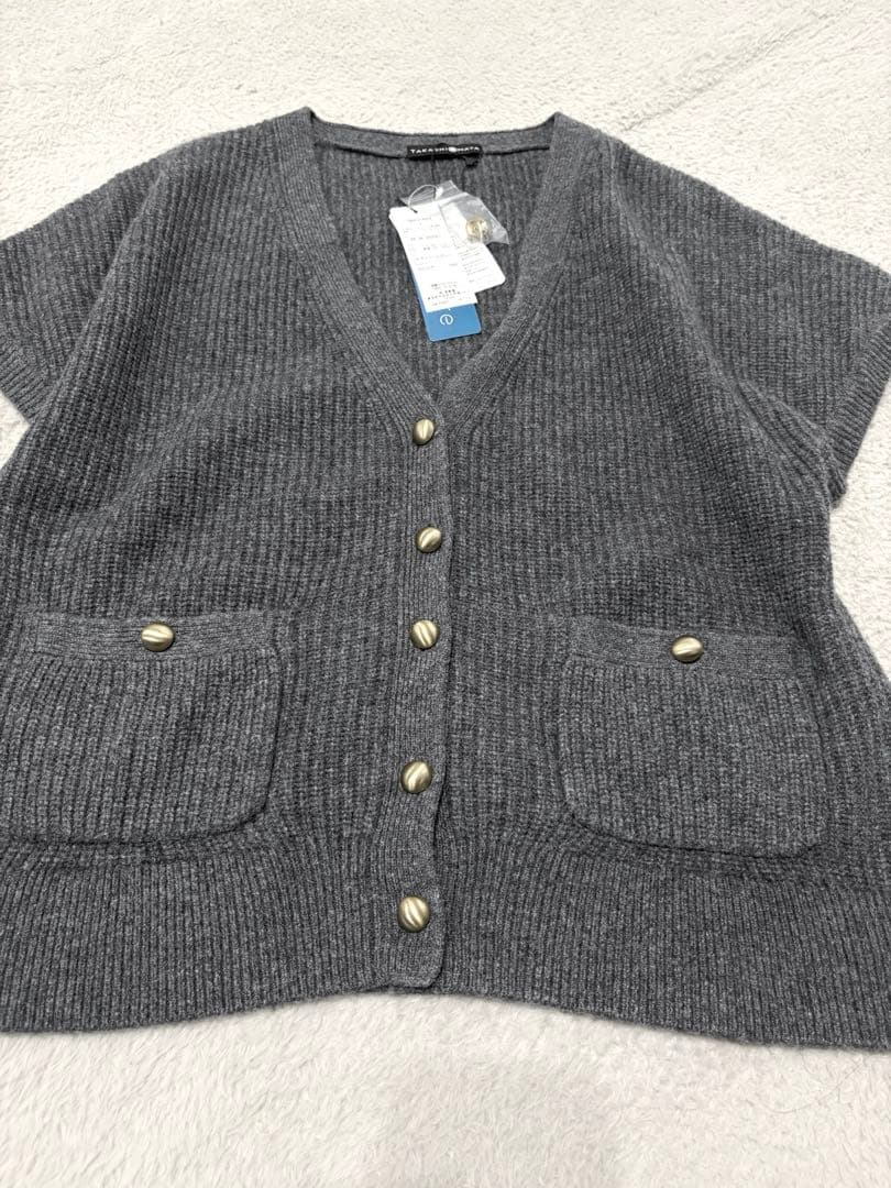 新品【高島屋】カシミヤ100% ニットベスト Vネック 金ボタン グレー LL