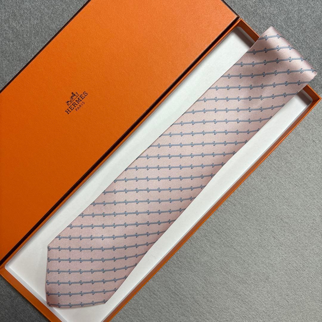 美品 未使用 タグ付 エルメス ネクタイ H柄 ストライプ ピンク