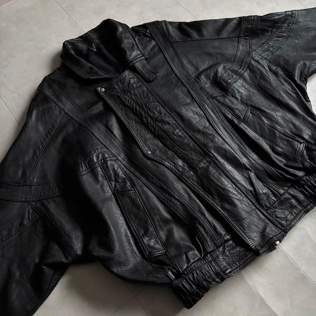 90s vintage 本革 レザーブルゾン 黒 L チンストラップ ゆったり