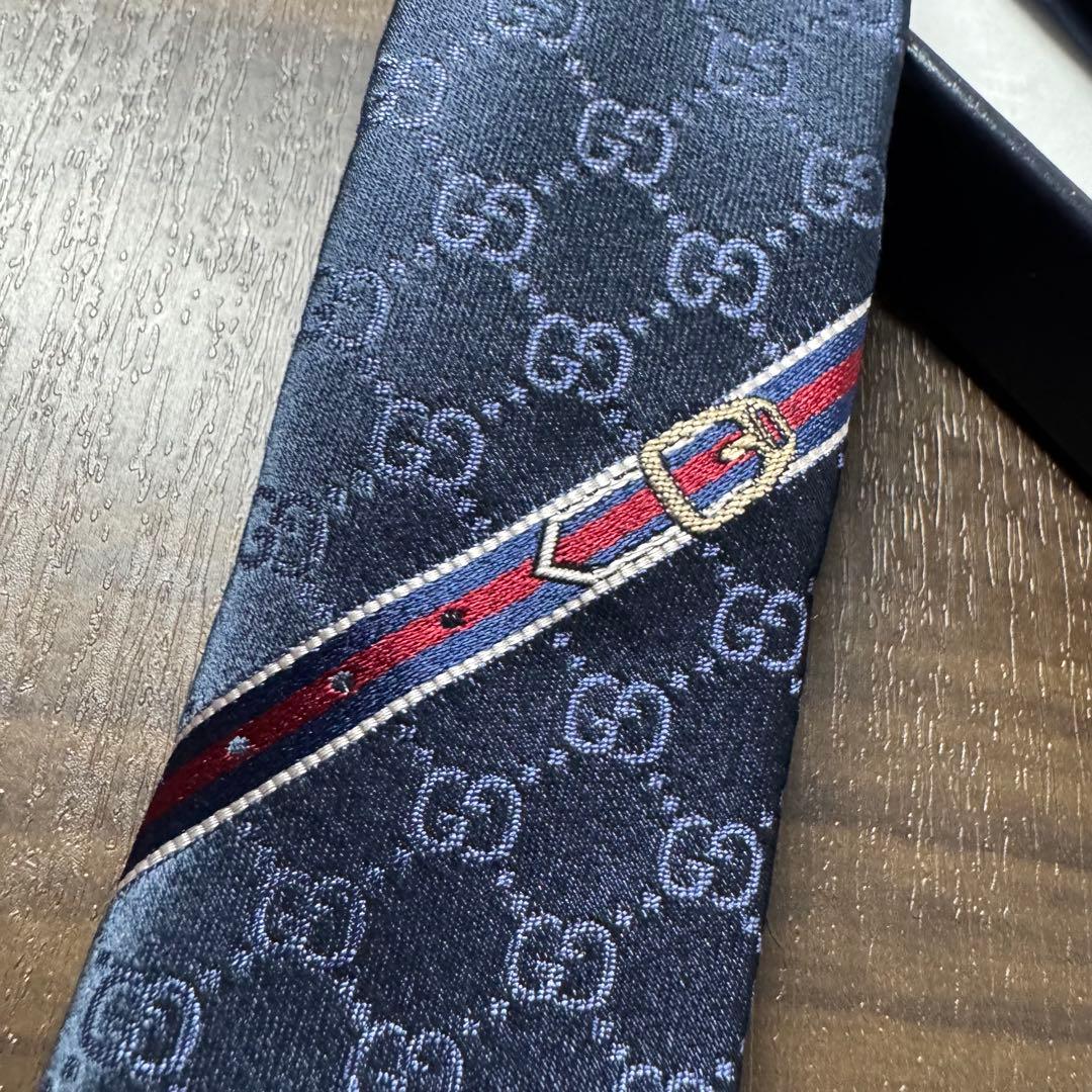 最高級 GUCCI グッチ GG柄 ネクタイ シェリーライン ベルト柄 ネイビー