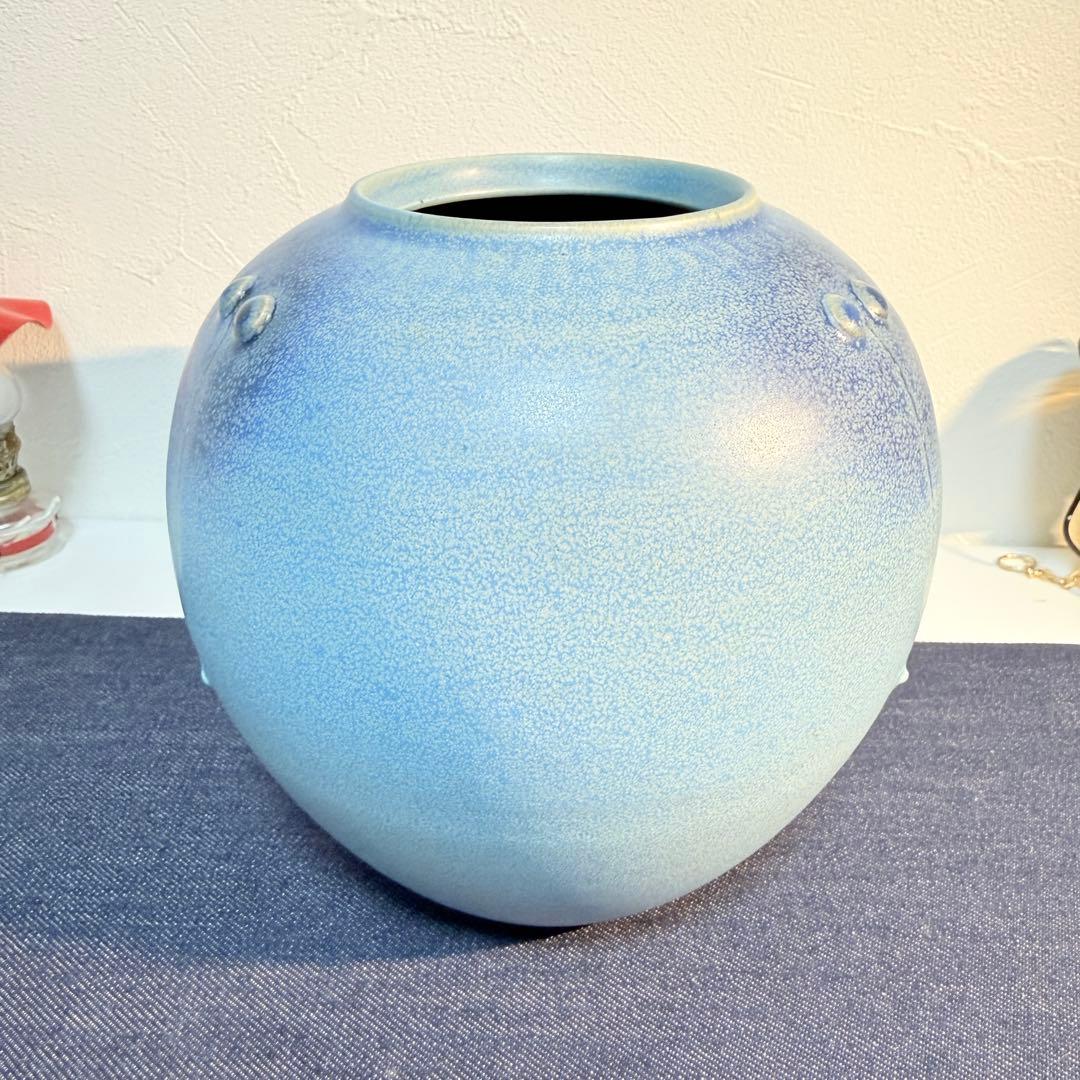 真作 原田省平 青釉 丸壺 花器 オブジェ 現代陶芸 刻印有 唯一無二 原田窯