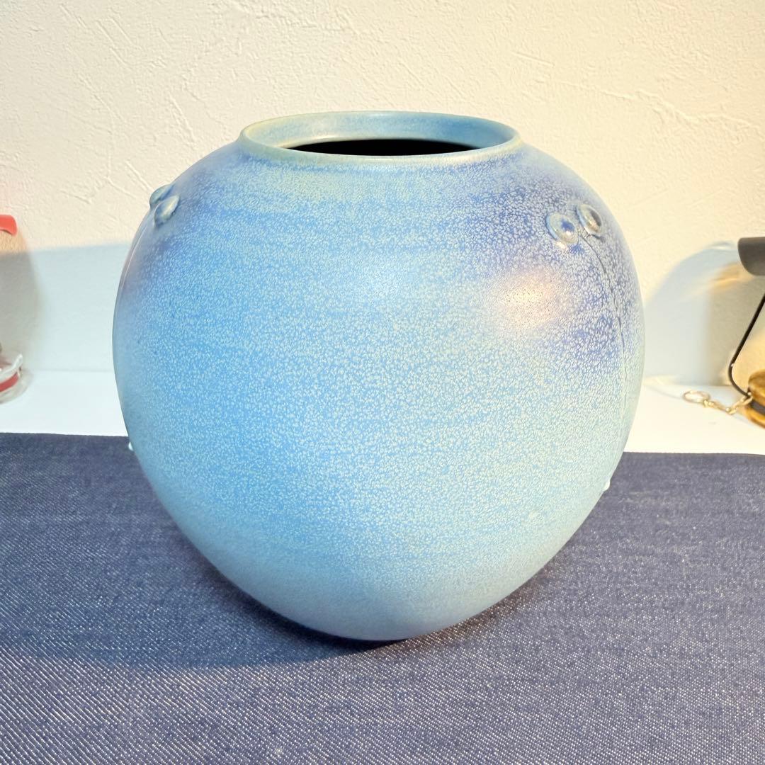 真作 原田省平 青釉 丸壺 花器 オブジェ 現代陶芸 刻印有 唯一無二 原田窯