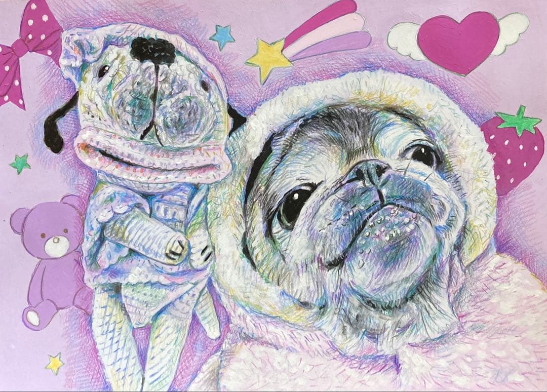 りんねページです。パグ　犬の絵　色鉛筆画