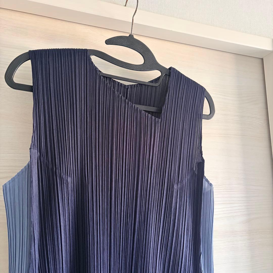 プリーツプリーズ　配色　ロングワンピース　アシンメトリー　ブルー系　美品
