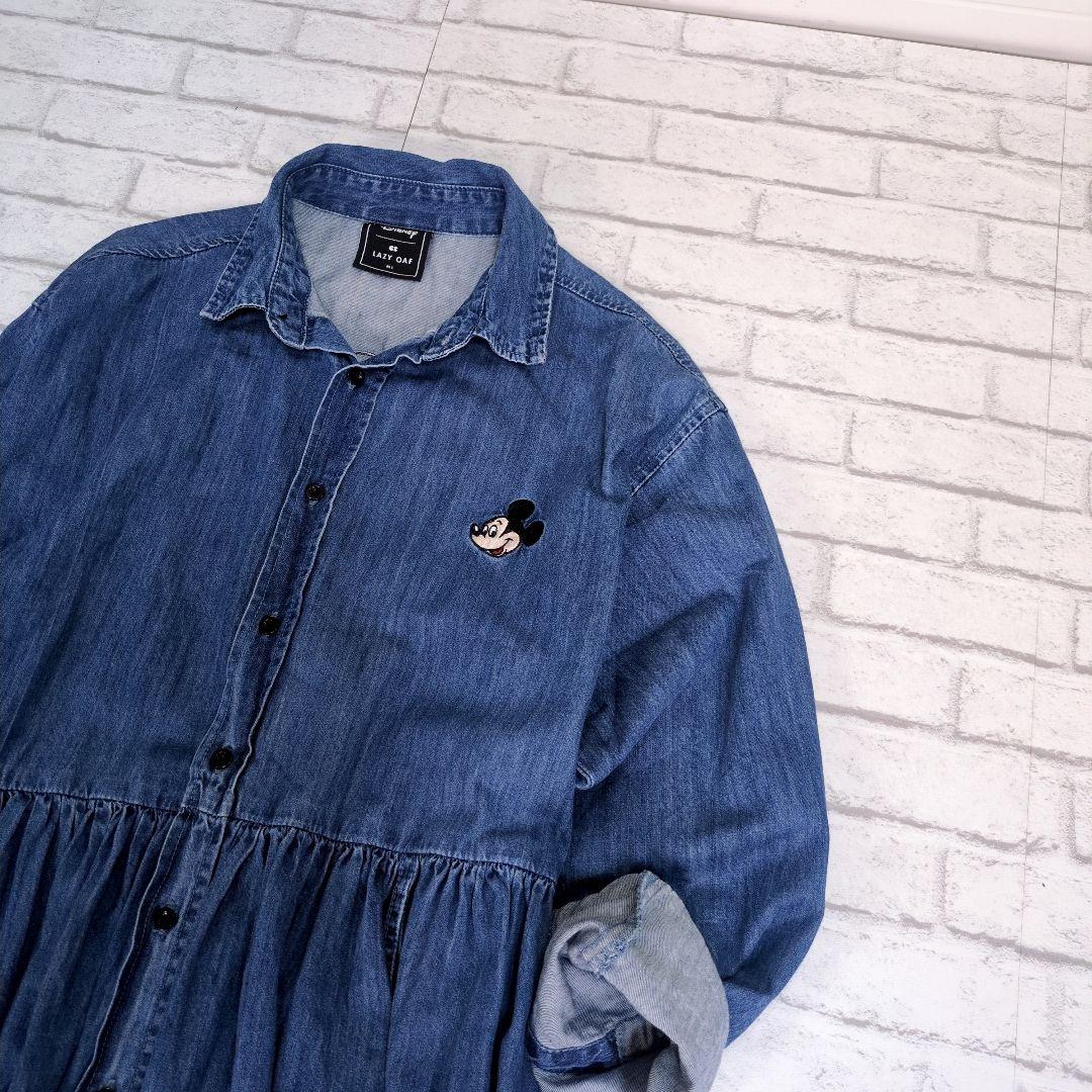 LAZYOAF Disney コラボ　デニムシャツワンピース　フレア　プリーツ