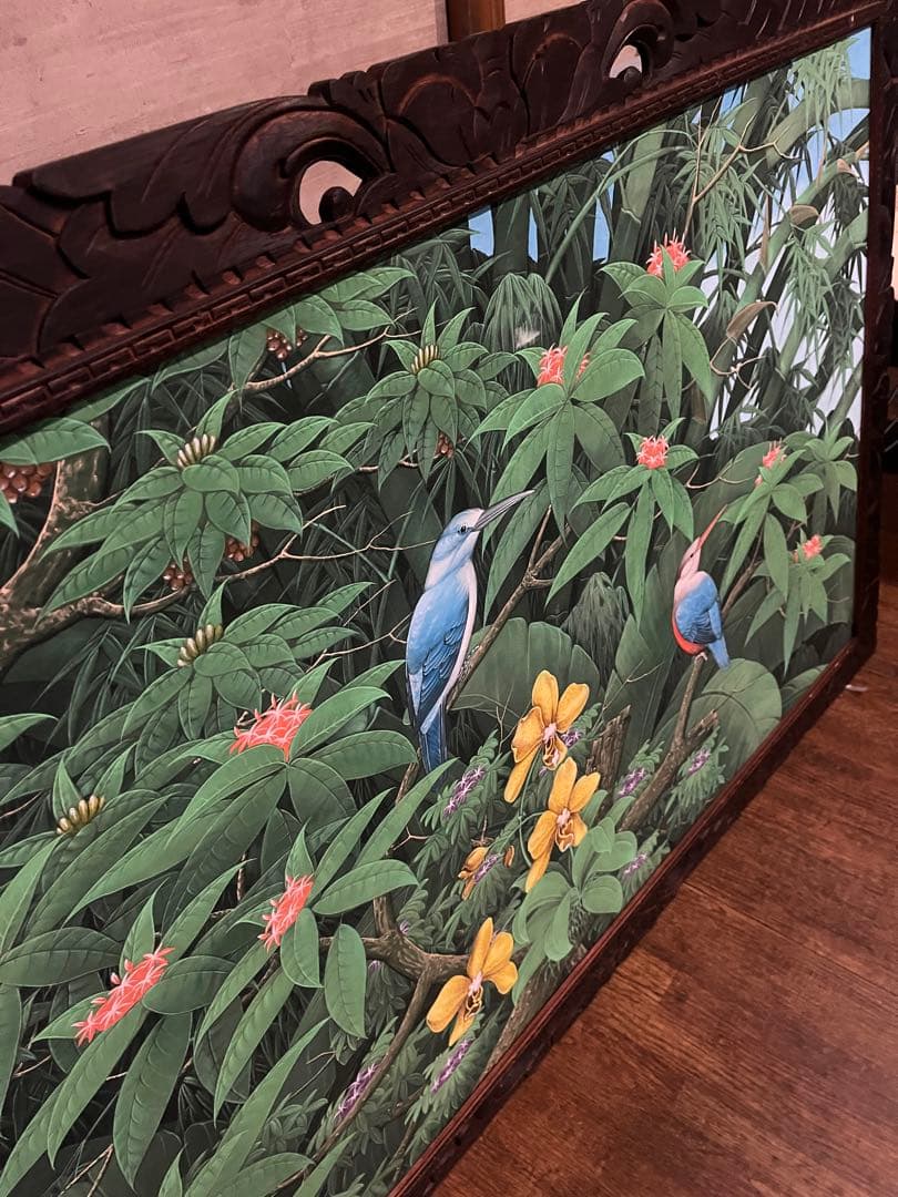 n*e様 バリ島の　鳥と花の絵画 木製フレーム付き