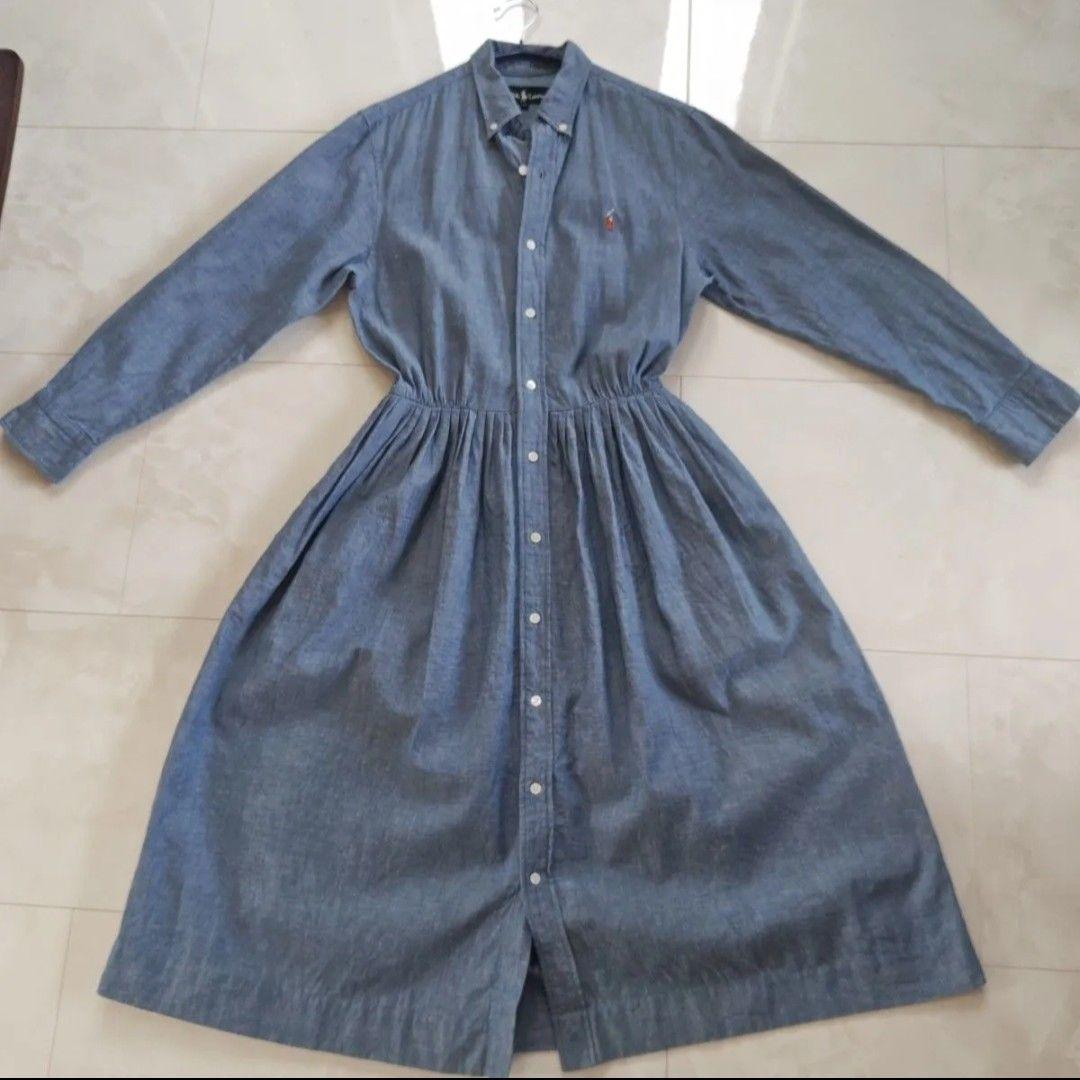 RALPH LAUREN ギャザーロングシャツワンピース ベルト付 ロゴ刺繍