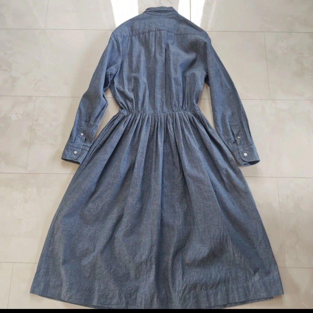 RALPH LAUREN ギャザーロングシャツワンピース ベルト付 ロゴ刺繍