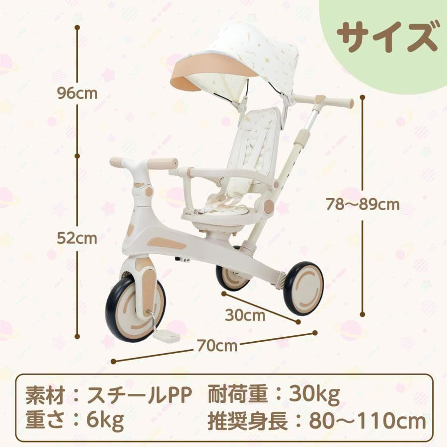 多機能 三輪車 手押し棒付き 折りたたみ 1歳-5歳 安全ベルト付き 2645