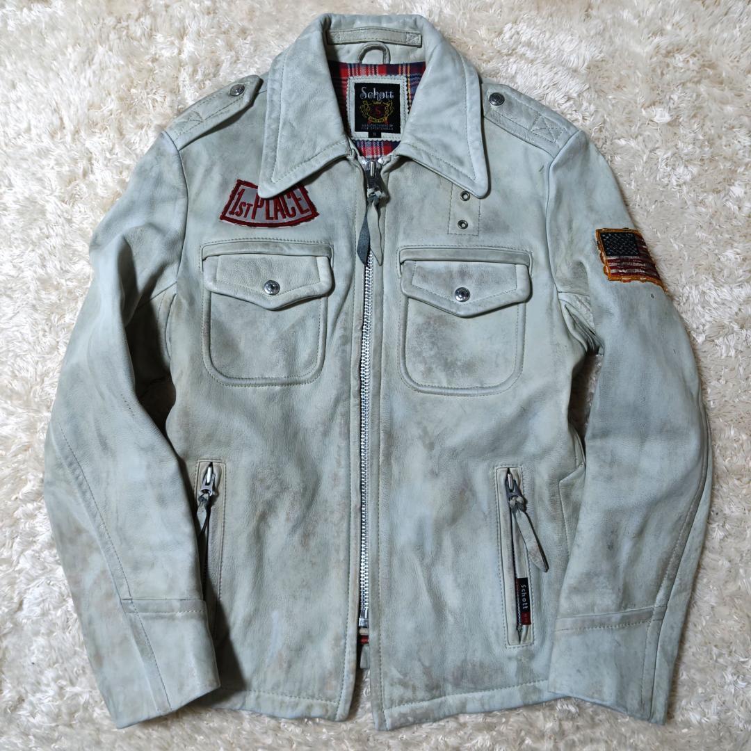 希少品 SCHOTT ライダースジャケット ワッペン ホワイト Sサイズ レザー