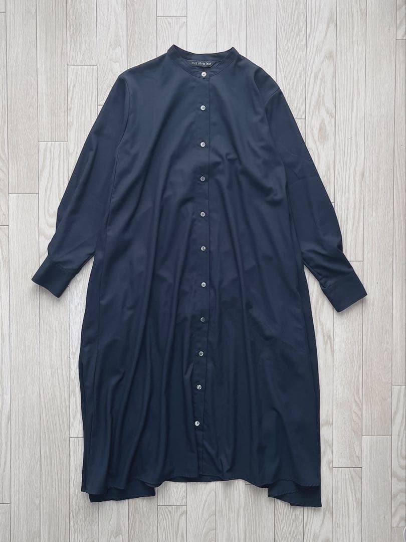 【極美品】ネイビー ミズイロインド T/Rスタンドカラーフレアワンピース