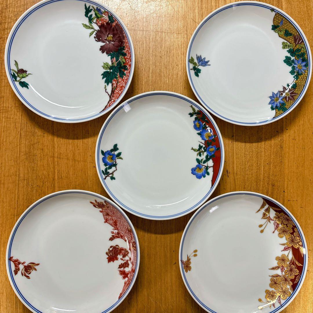 九谷焼　錦栄窯　時代絵　花絵変わり　6号皿揃　中皿　盛皿　19cm