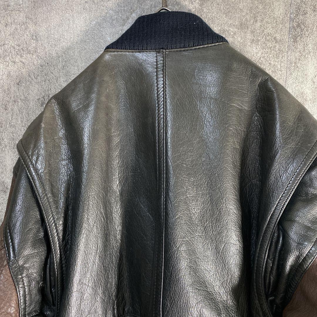 90s 本革 レザースタジャン くたり艶 2トーン デザインブルゾン　韓国製