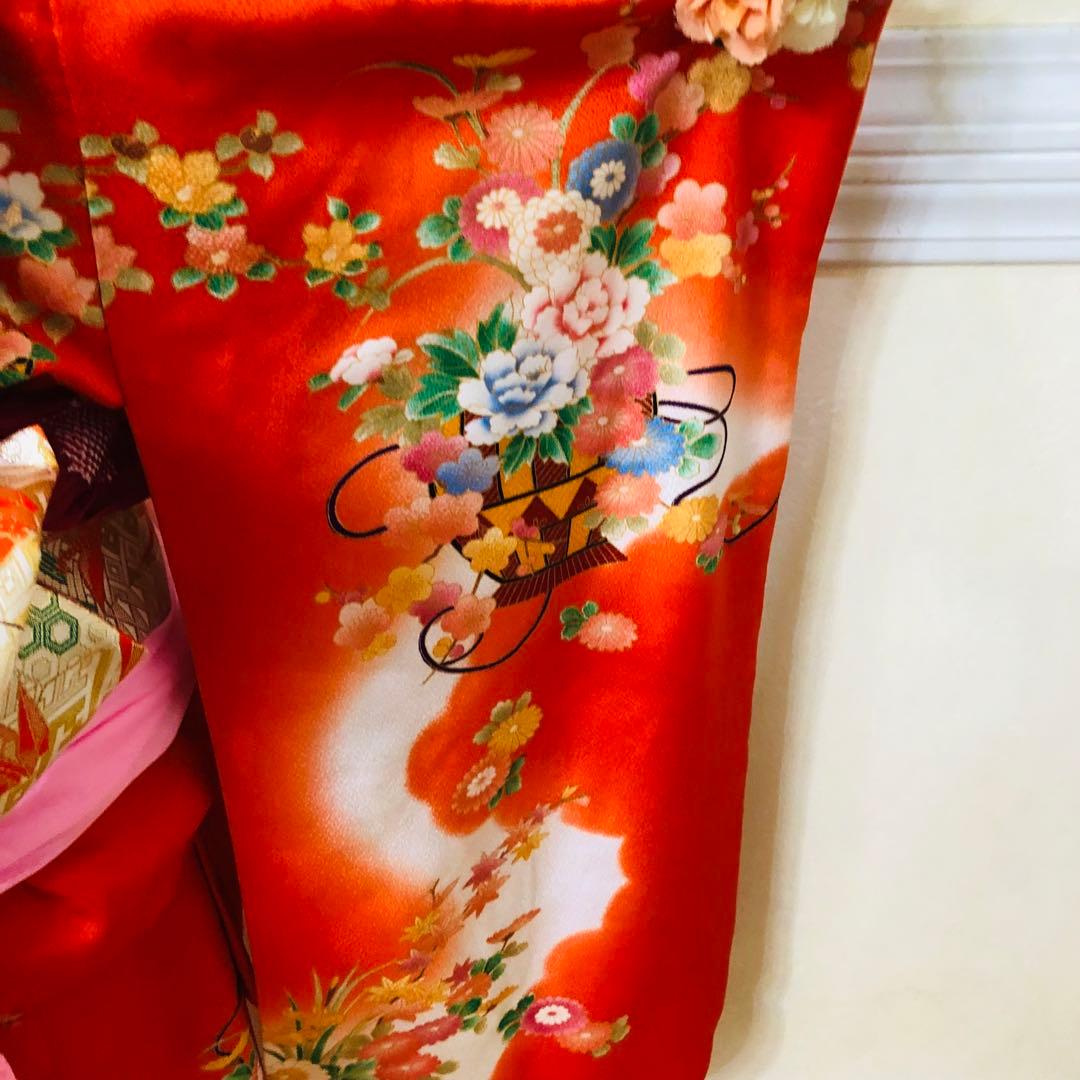 正絹七五三 女子着物 7歳❤️オレンジ可愛い花籠菊金彩金箔絢爛完全フルセット‼️