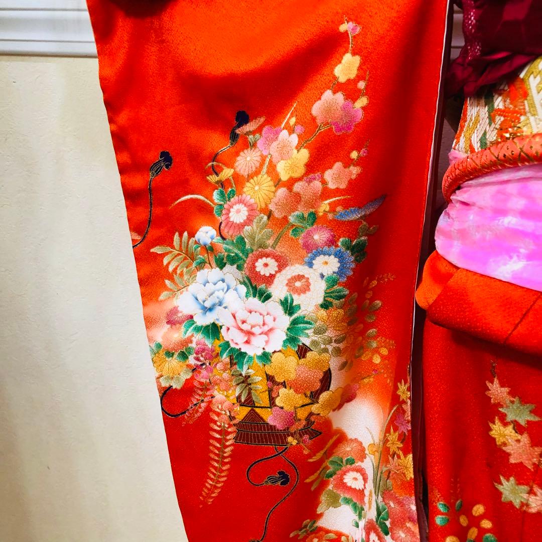 正絹七五三 女子着物 7歳❤️オレンジ可愛い花籠菊金彩金箔絢爛完全フルセット‼️